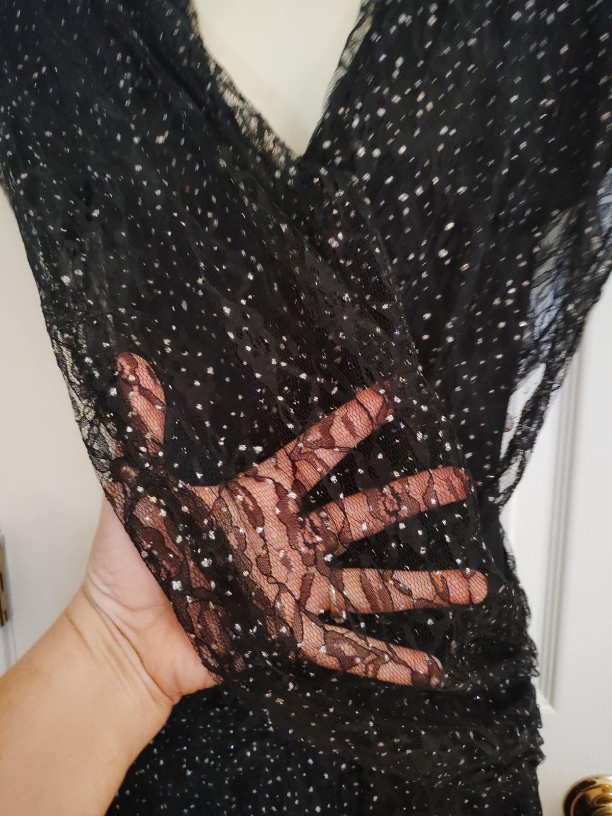1980 PUNK GOTH FAIRY prom dress black silver lace layers handkerchief 8/10 USA