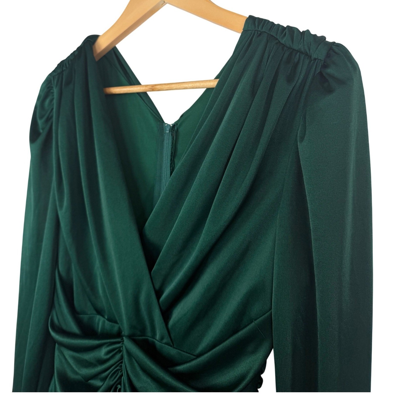 VTG Filigree Ltd Emerald Green Ruched V-Neck Midi Dress 80s Made in USA Size 8