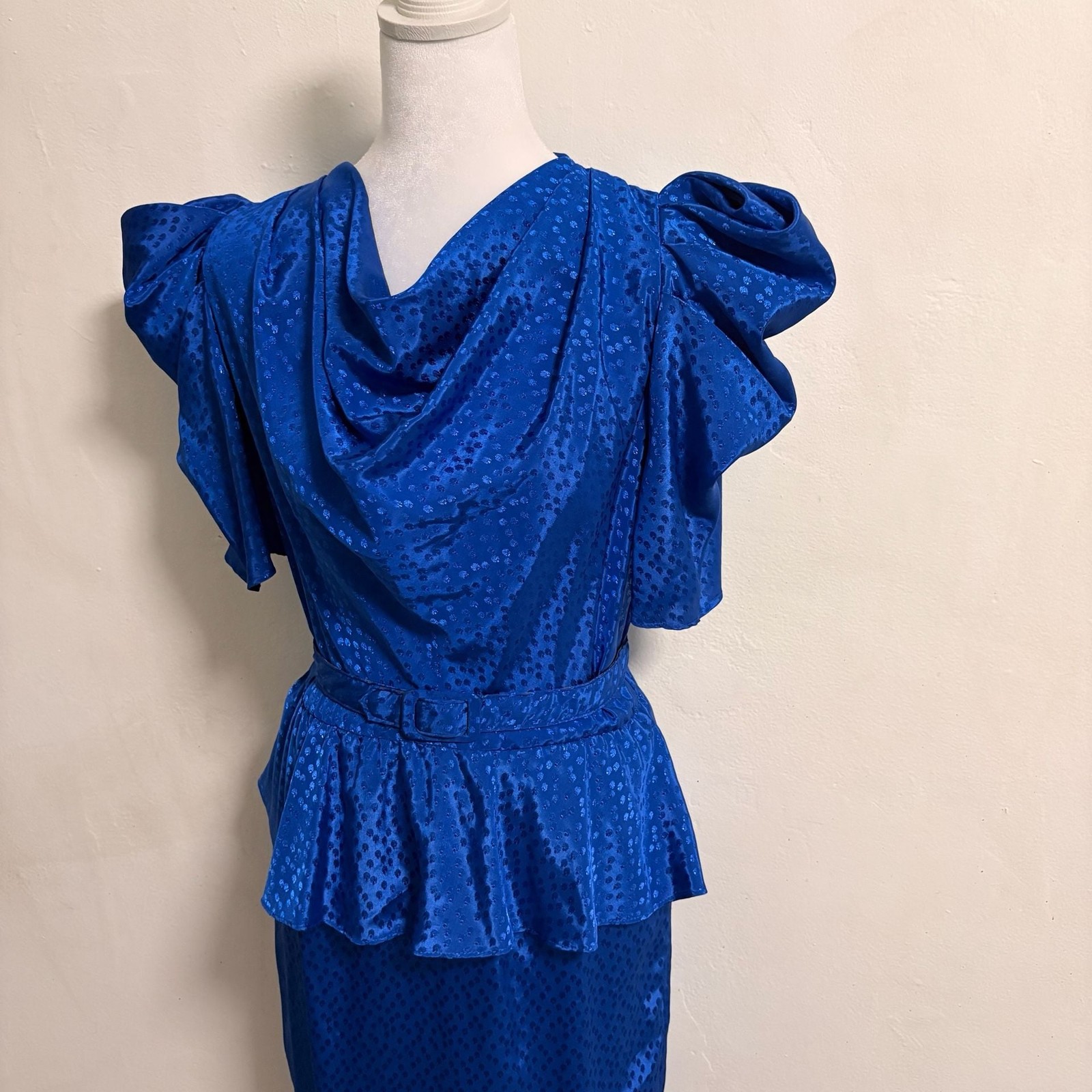 Vintage 80s Cobalt Blue Peplum Dress Puff Sleeve Textured Old Hollywood Size 5