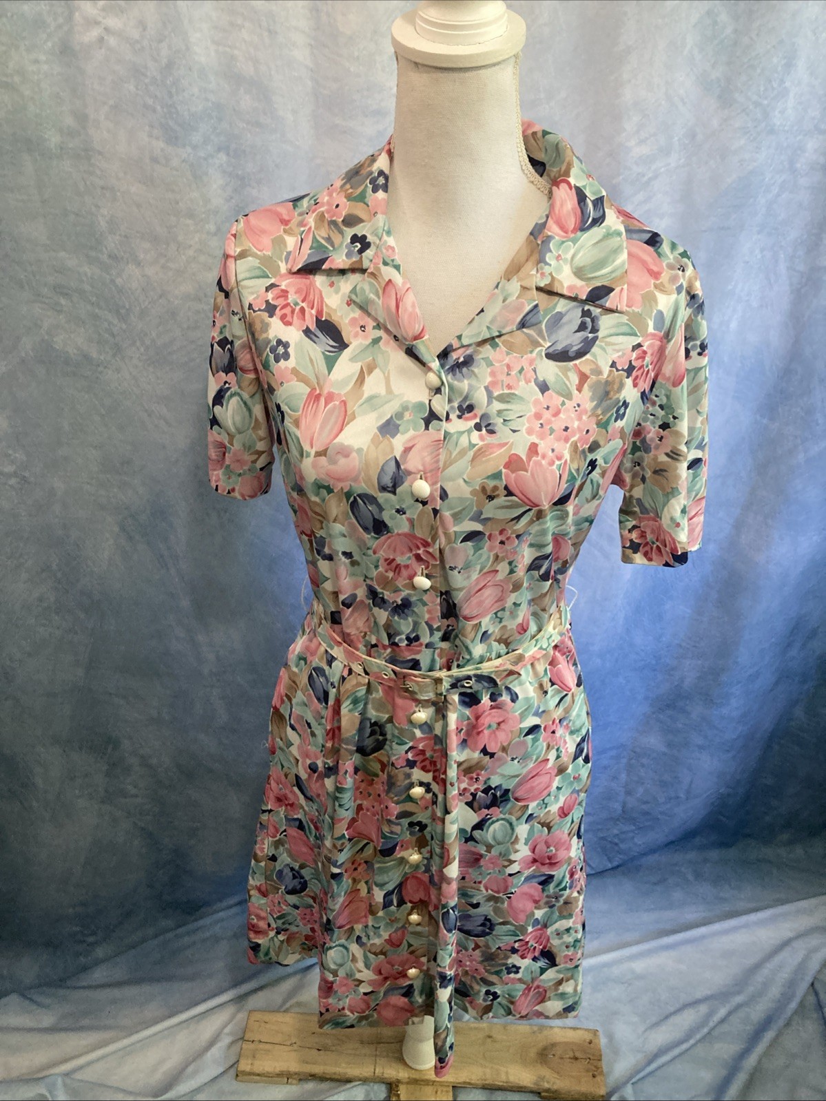 Vtg BLAIR Floral Shirtdress Pastel Pink Blue Midi Dress 80s Does 70s Style XS