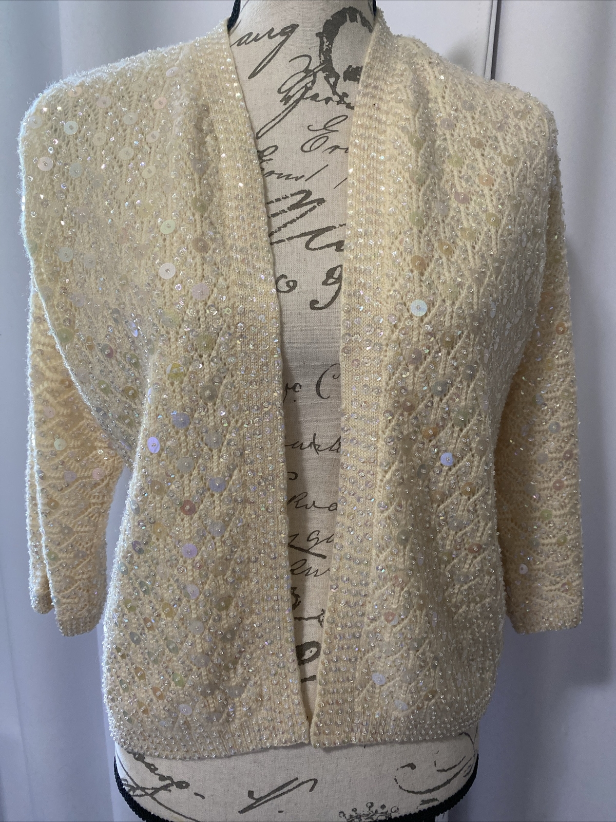 Vintage Jeri-Jo New York Sequin Cardigan Sweater Jacket 100% Wool Size 38 Ivory
