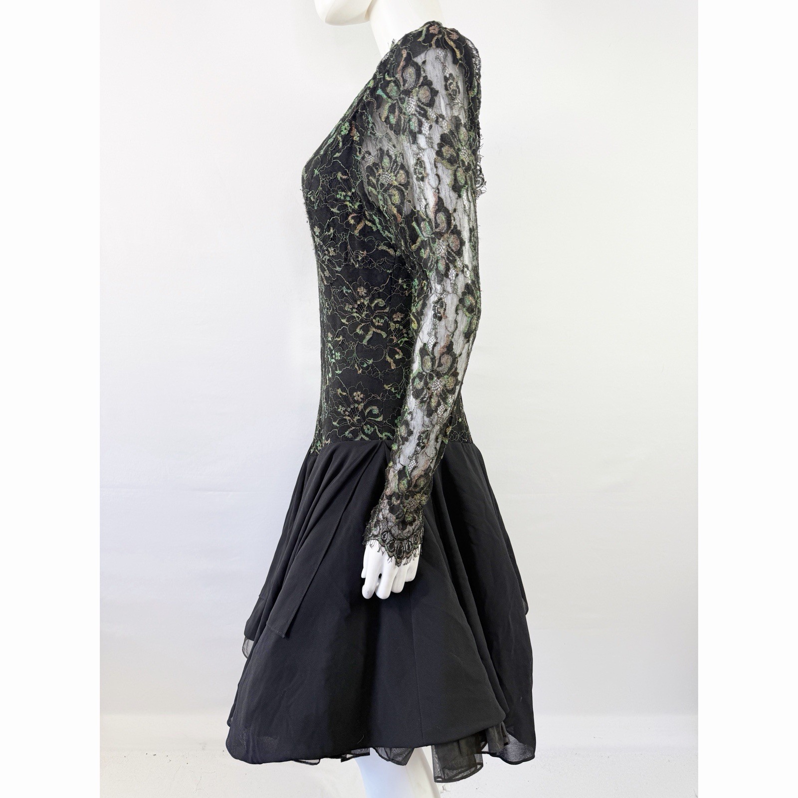 Vintage Casadei Black Lace Tulle Drop Waist Dress Size M Formal Long Sleeve Goth