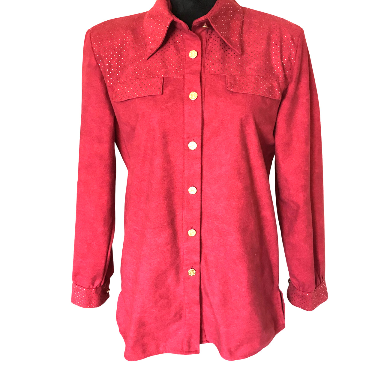 Jordana Metallic Dot Tunic Vintage 70s Blouse Red w/Gold Dots Size Small 6-8