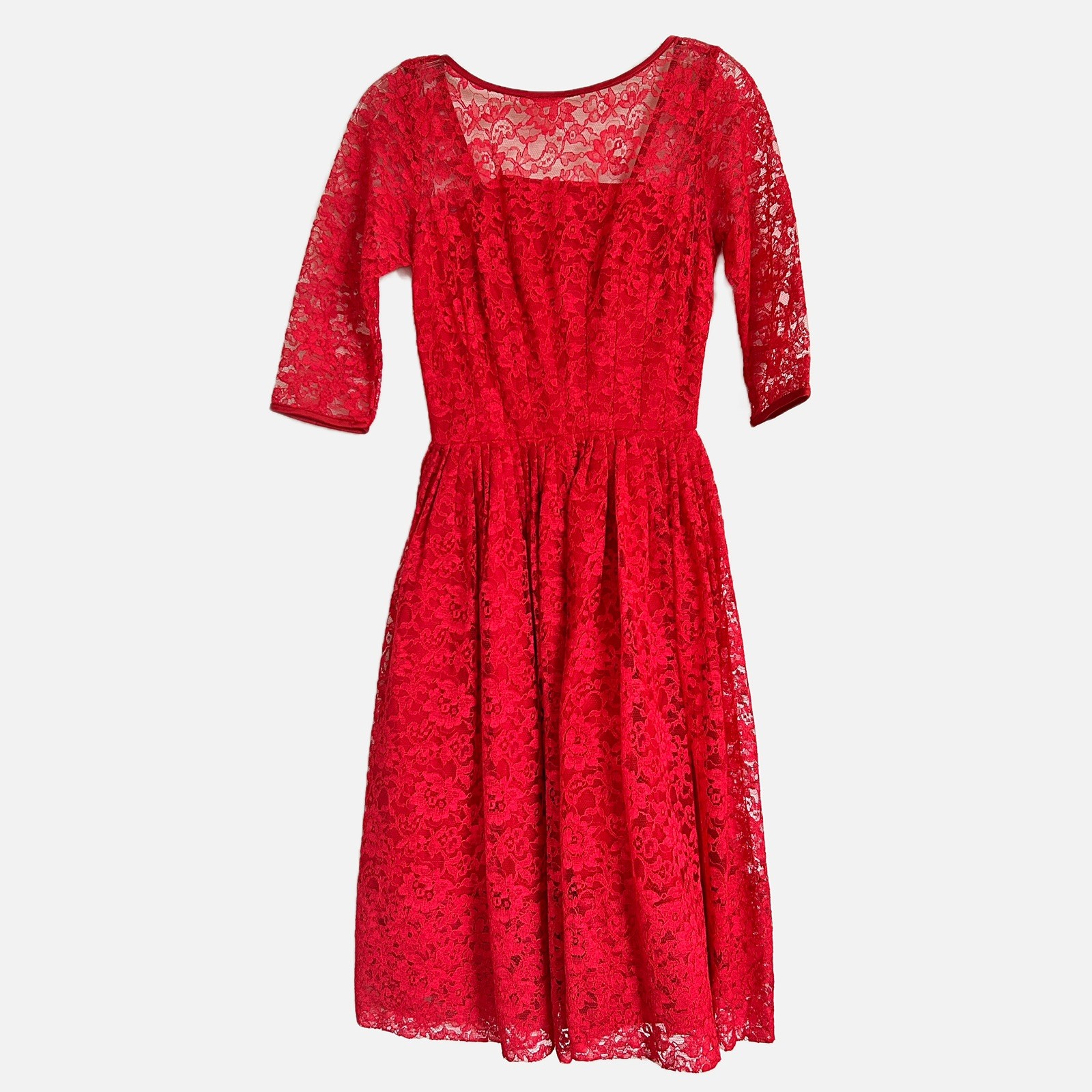 1950s Vtg Red Taffeta Lace Fit Flare Full Skirt 3/4 sleeve Party Dress 24 waist
