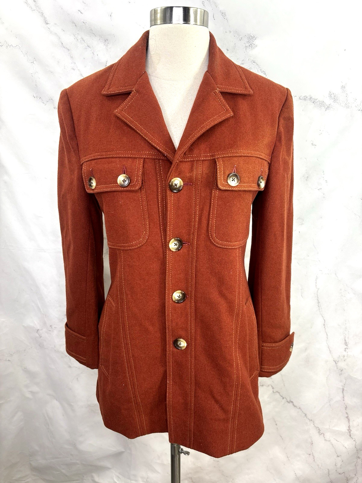 Vtg 70s Safari Jacket Mod Utility Wool Rust Orange S Twiggy Retro Faux Fur Lined