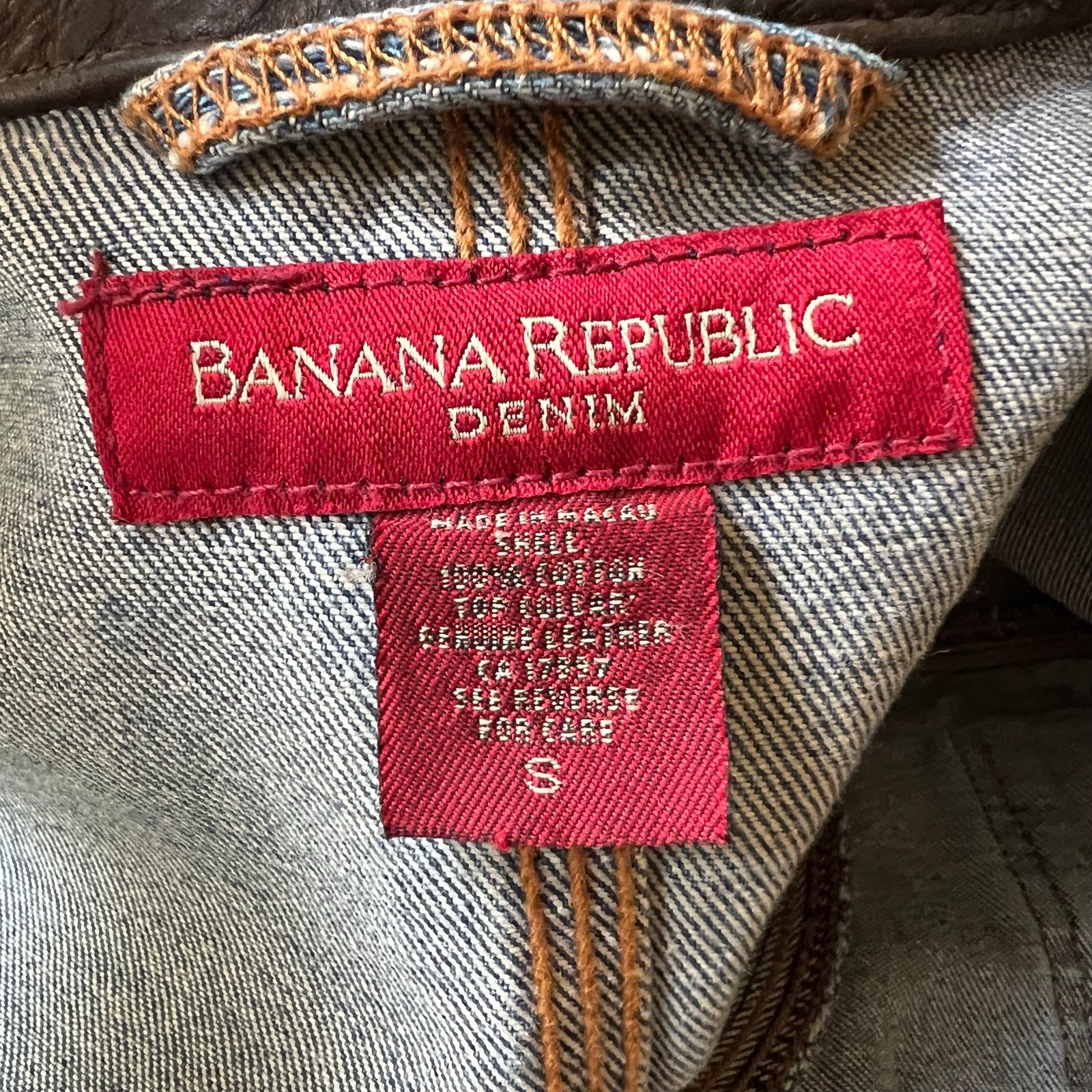 Vintage 90s Banana Republic Leather Collar Denim Jacket Oversized Women’s L