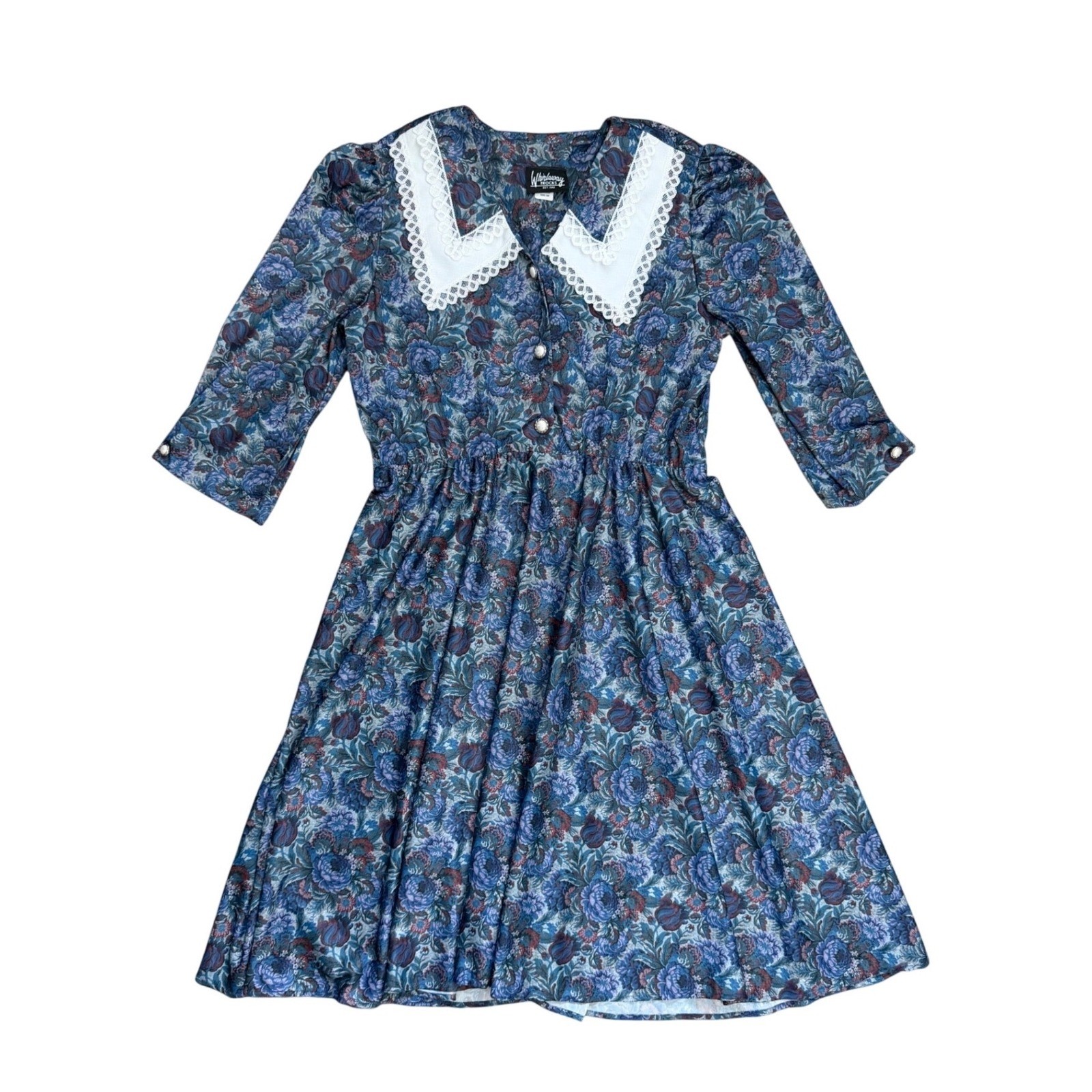 Vintage Floral Prairie Dress Lace Collar Blue Purple 14P cottage fit flare