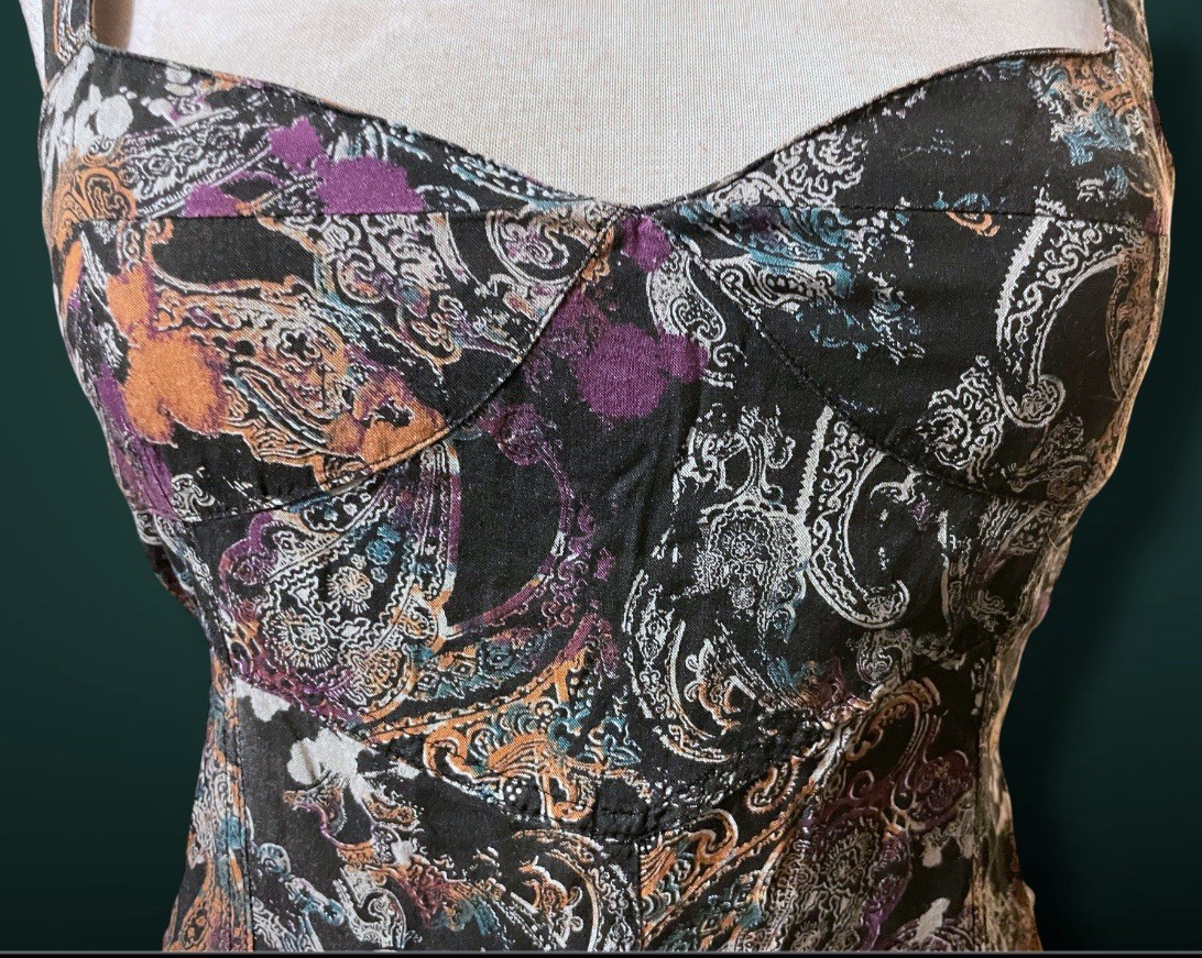1990’s Black & White Paisley Print w Purple, Teal & Rust Bleach Splash Sundress