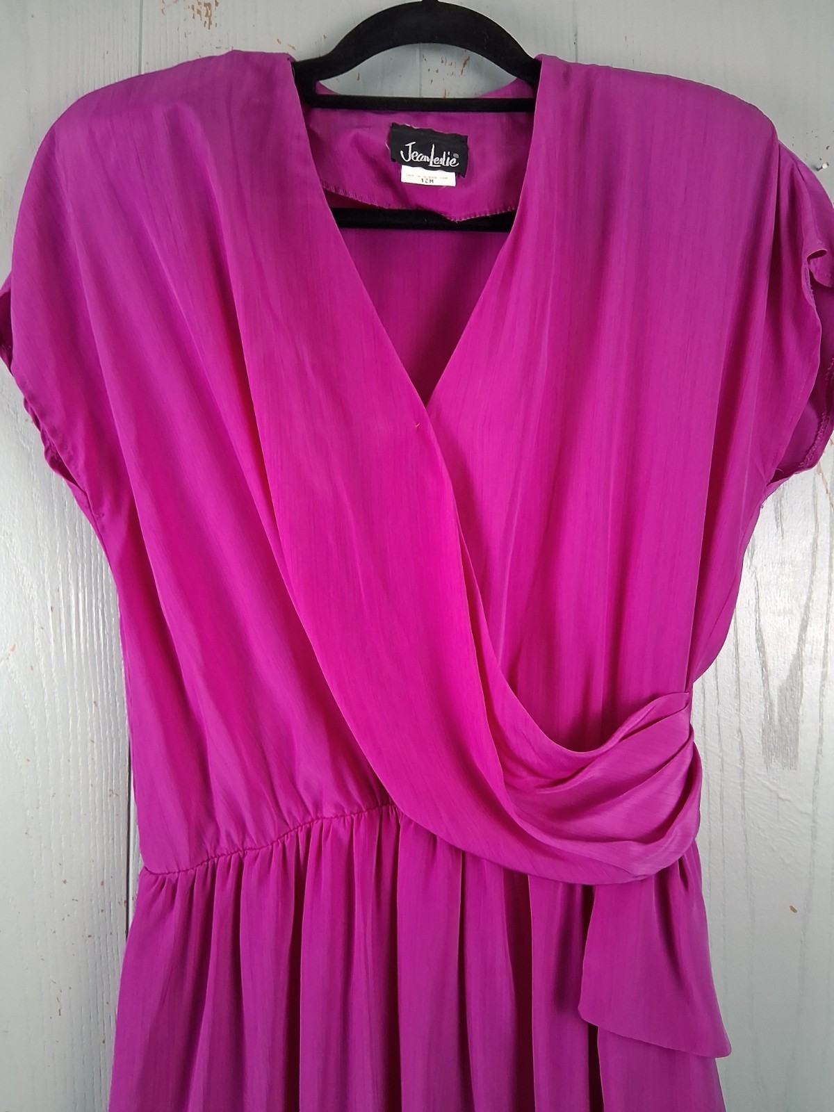 Vintage 70s Jean Leslie Dress Fuchsia 16 M Secretary Retro Faux Wrap Silky Drape