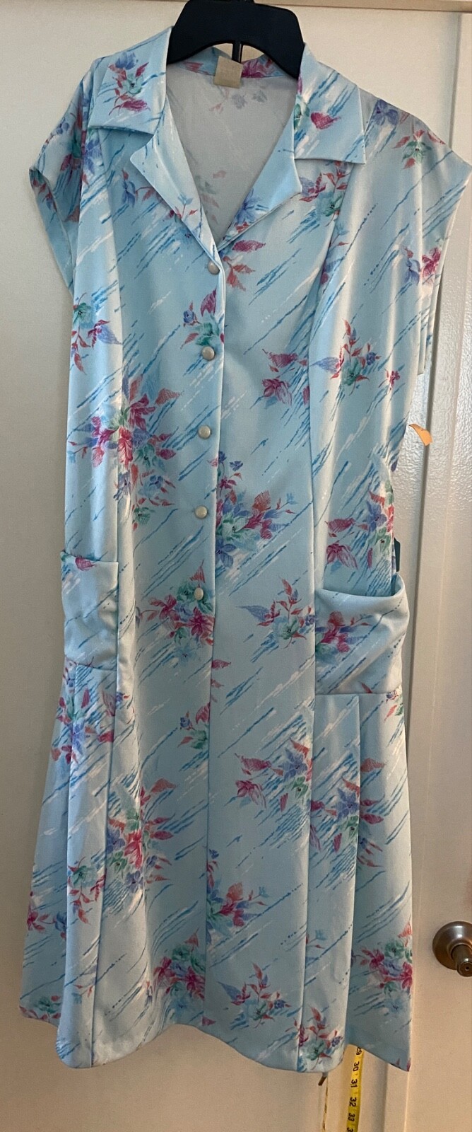 VTG 70s House Dress Women Floral Vneck Collar Button Tie Waist Blue Pink Floral