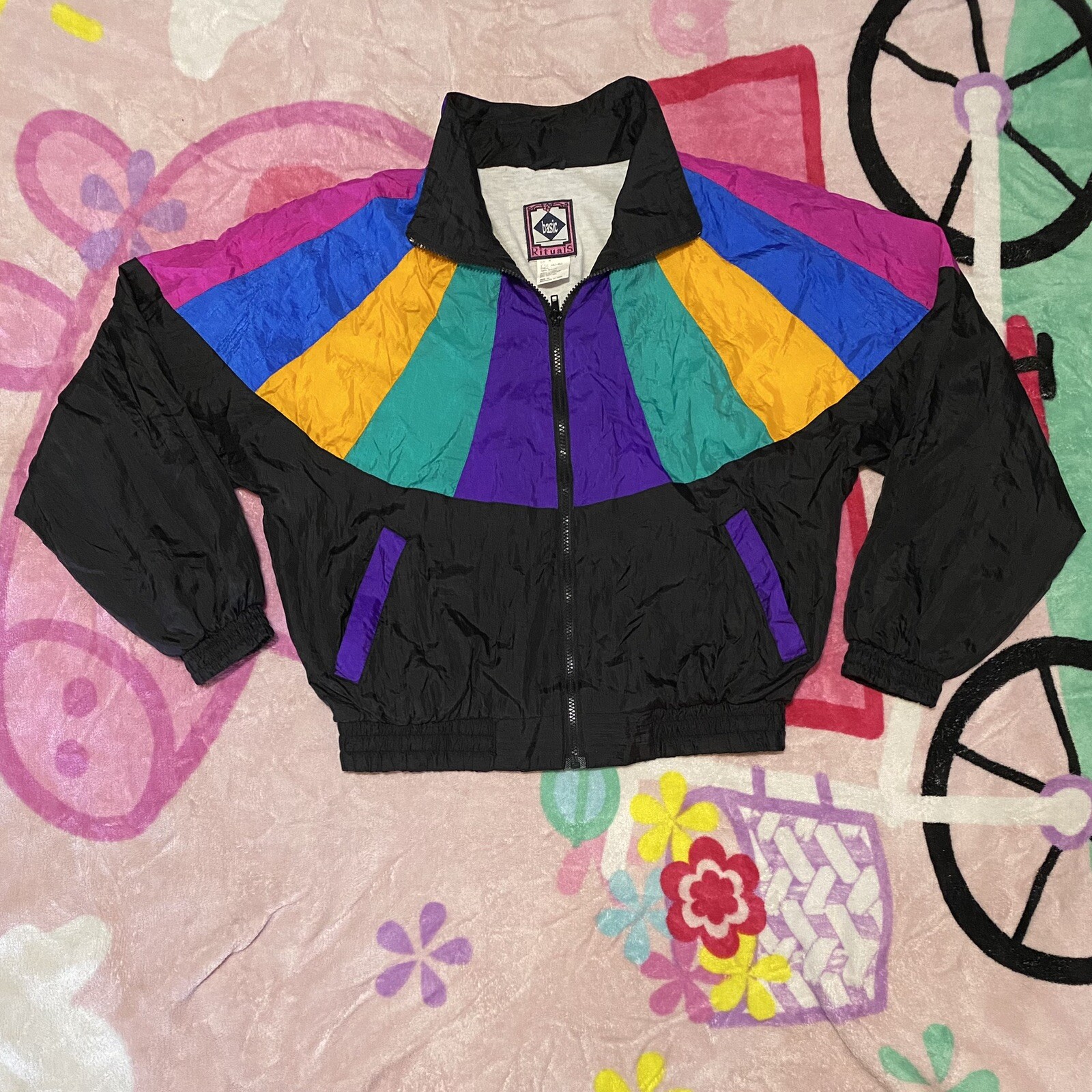 VTG Womens 80s Basic Rituals Tracksuit Jacket Size Medium Nylon Windbreaker
