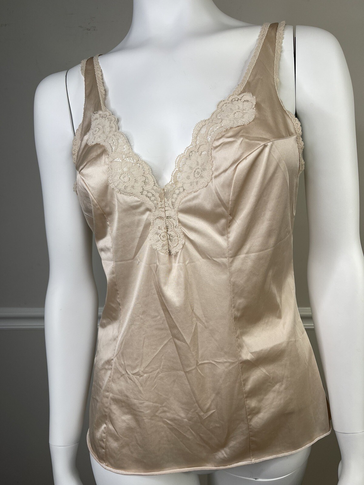 Vintage Vassarette Camisole Size 36” Bust Tan Lace Has Been Altered Sexy Top 38”