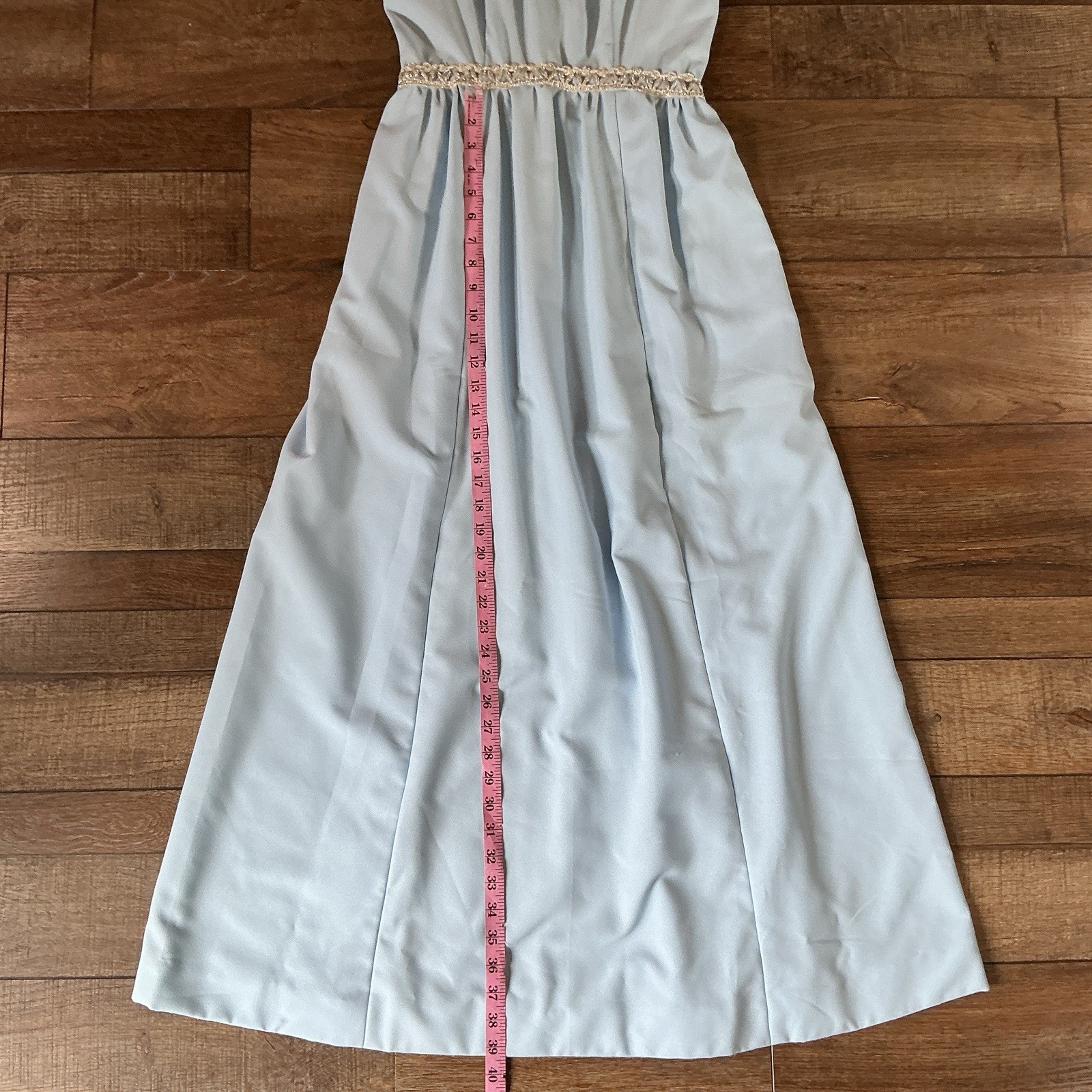 60s 70s VTG Baby Blue Maxi Dress Sz XS/S Empire Waist Lace Trim Formal Gown 34E9