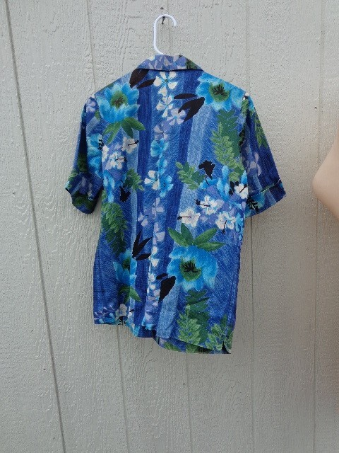 Vtg 1960s Hawaiian Shirt Ladies Cotton Blnd Knot Buttons Blues Greens Stan Hicks