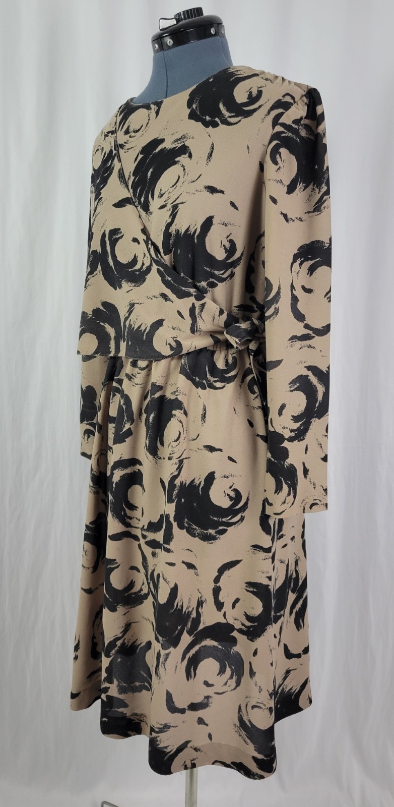 Vintage Marti Petite Brown & Black Blouson Dress w Overlay Wrap Size 16
