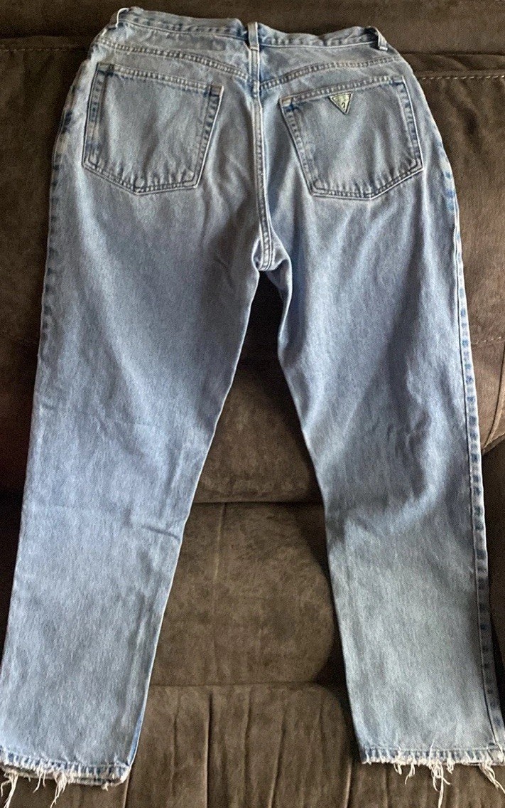 Vintage Guess High Rise Jeans, Sz 31W 32L, green triangle, Tapered 90s USA Made
