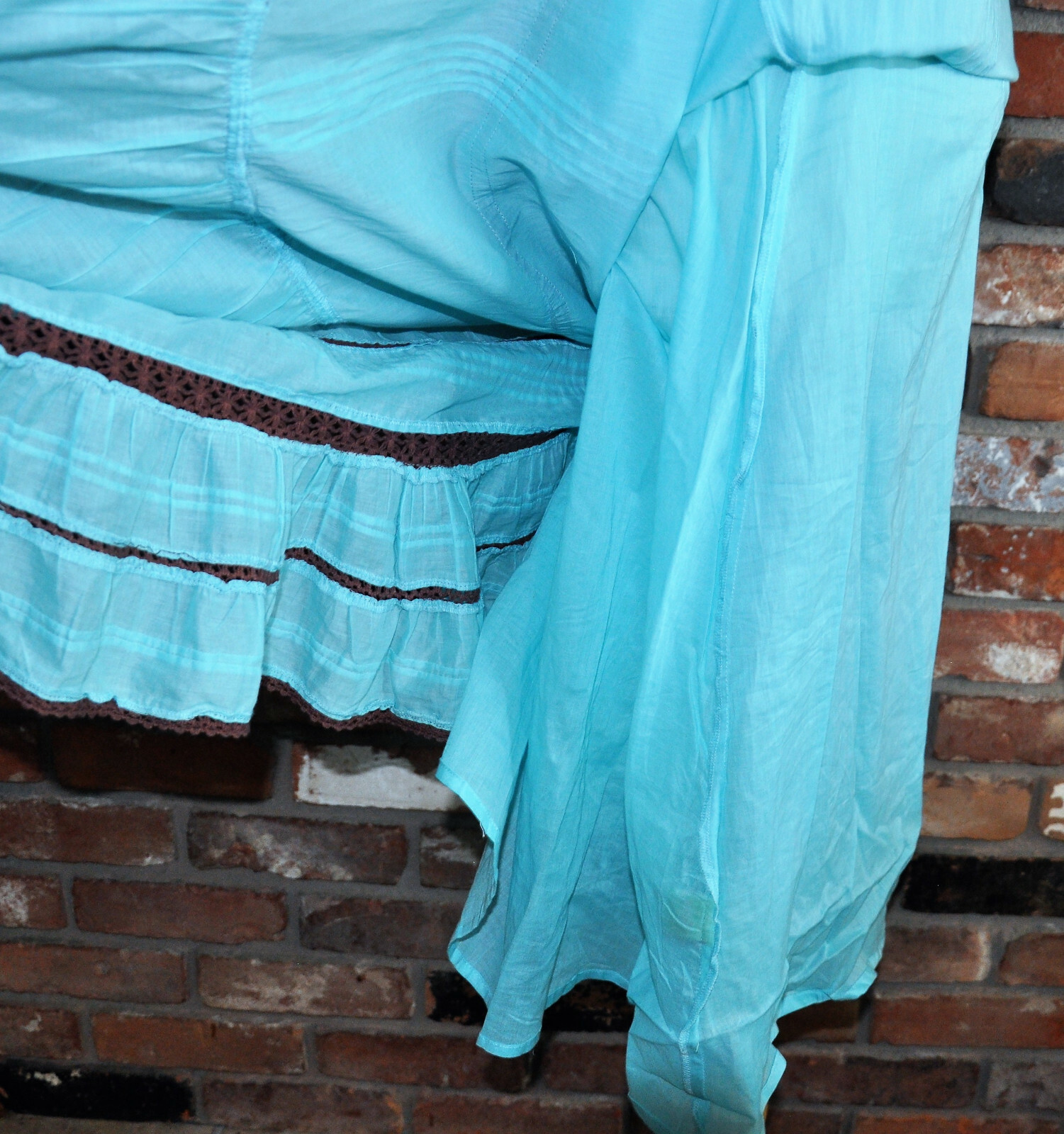 Vintage An Indian Summer Ruffle Blue Cotton Pintuck Prairie Boho LONG Maxi DRESS