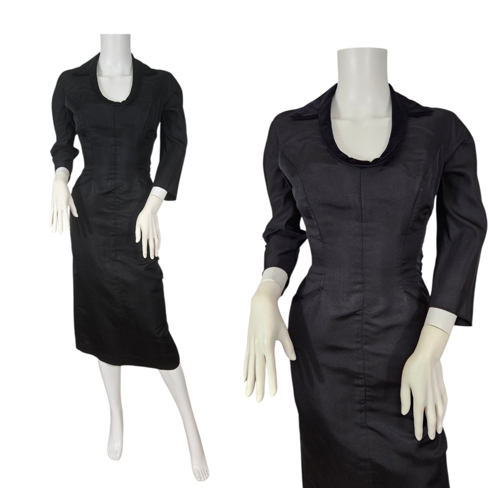 VTG 1950s Black Rayon Faille Hourglass Wiggle Dress Med