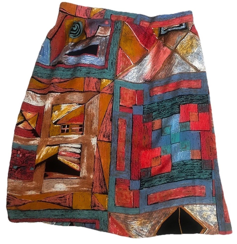 Vintage 80s 100% Skirt Rayon Abstract Painting Motif Plus Size 18 Jewel Tones