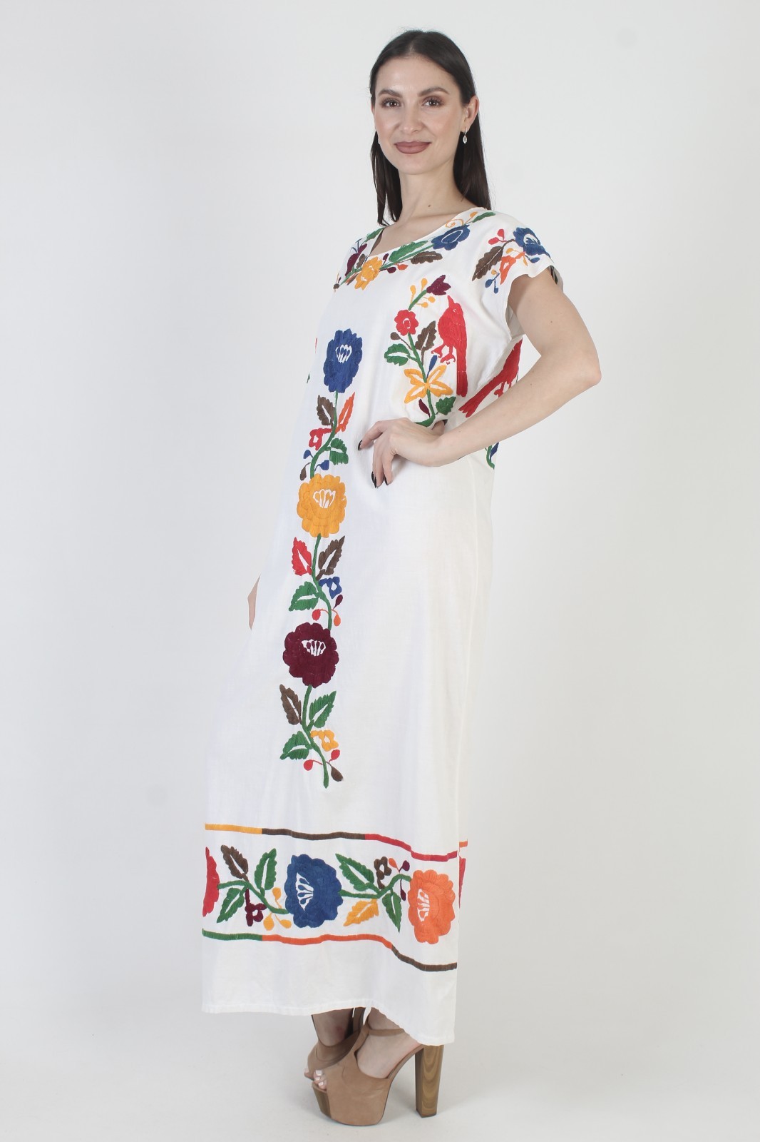 Mexican Birds Dress Vtg Embroidered Ethnic Kaftan Pool Cover Up Puebla Sundress