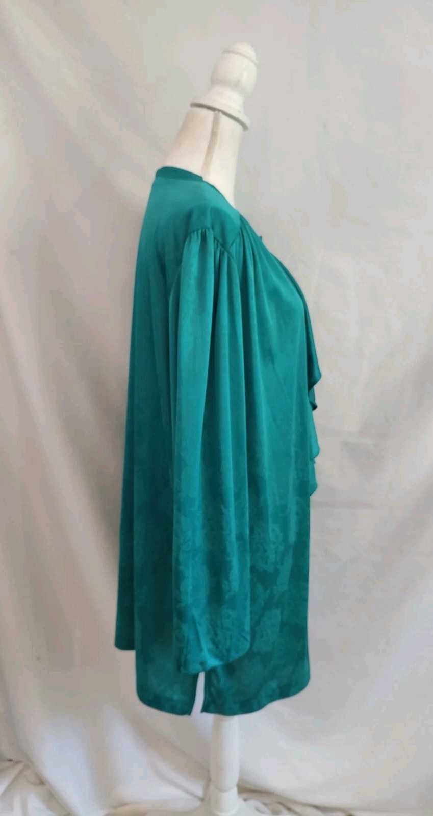 80’s Vintage Dress HHR Jade Green Shirt Dress Ruffle Poet Neck Long Sleeve Sz XL