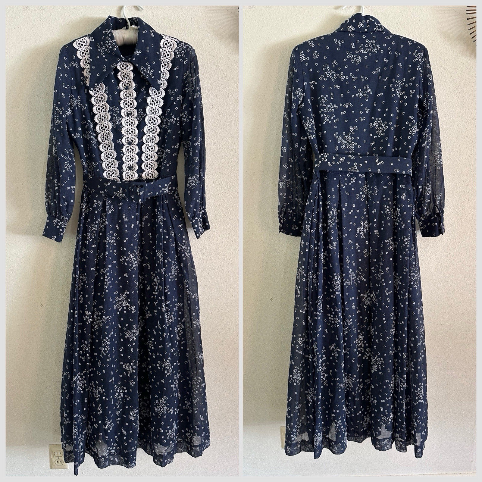 1970s Avalon Classics Dagger Collar Maxi Dress Boho Prairie Lace Daisy Print VTG