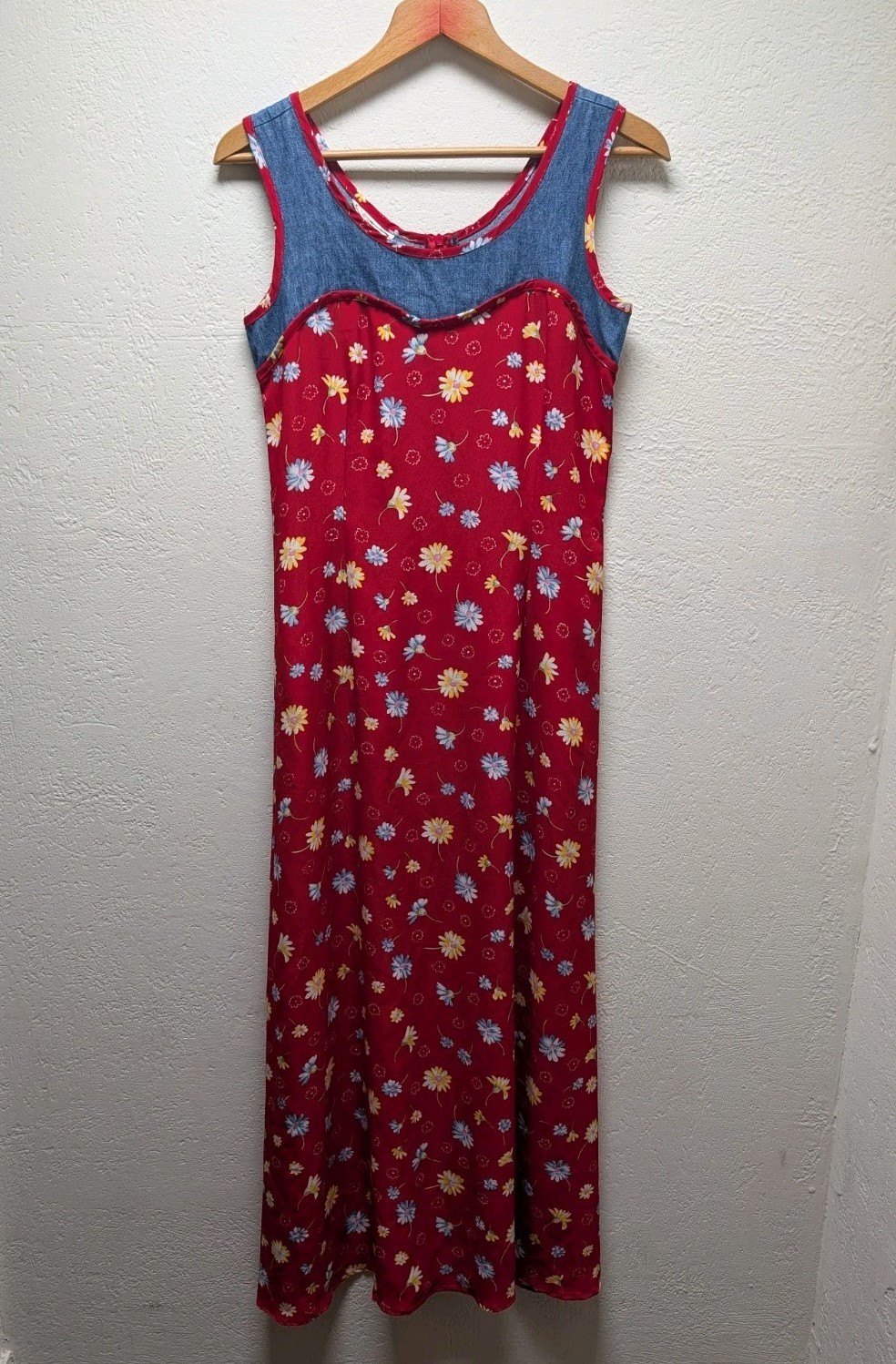 Women’s Vintage 90s Mixed Media Maxi Dress Red Floral Denim Sz 8 Grunge Western
