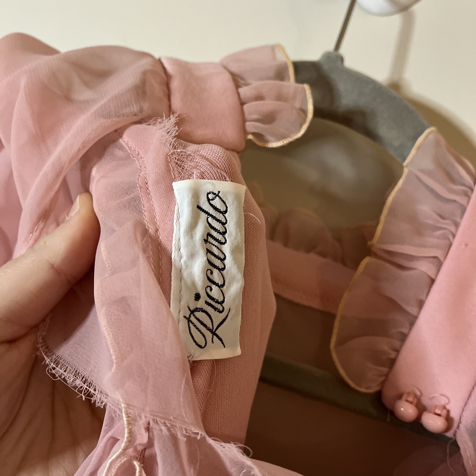 VTG 1970s Riccardo Pink Chiffon Ruffle Prairie Dress FLAWED