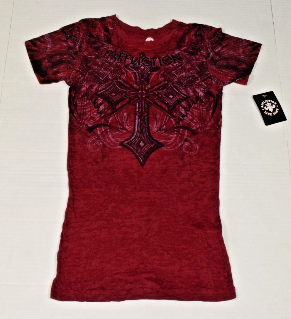 Vintage Affliction Priscilla Burnout Baby Tee Size XS Y2K Sangria Red Bling NWT