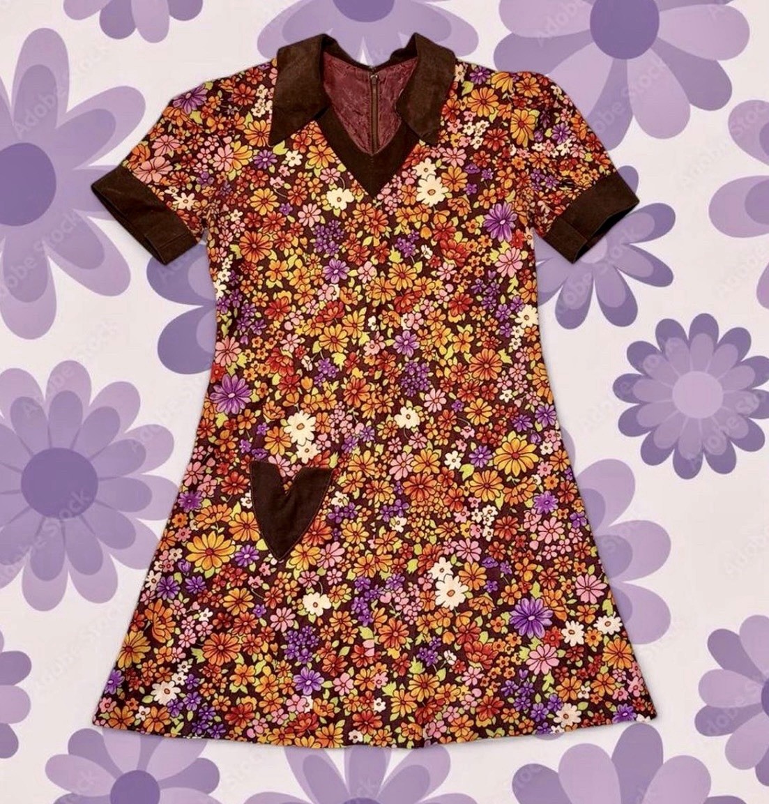 TRUE Vintage Beau Time 1970s Ditsy Flower Power Mini Mod Babydoll Dress Size S