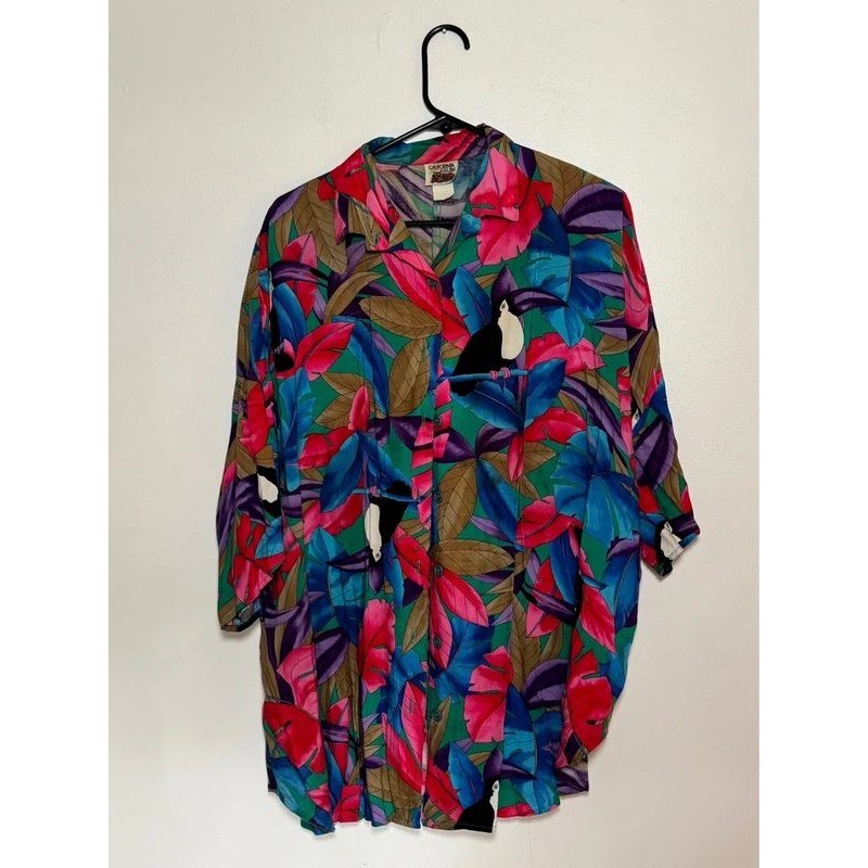 Vintage California Krush Toucan Tropical Print Button Front Shirt Womens XL