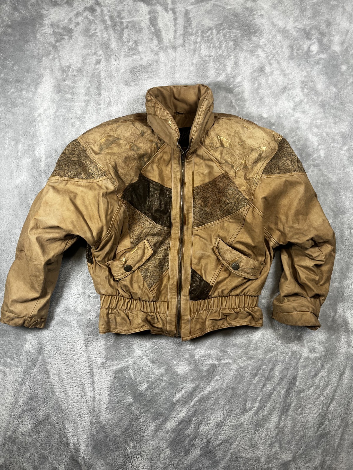 Vtg Winlit Patchwork Leather Jacket Bomber Floral Paisley print Western