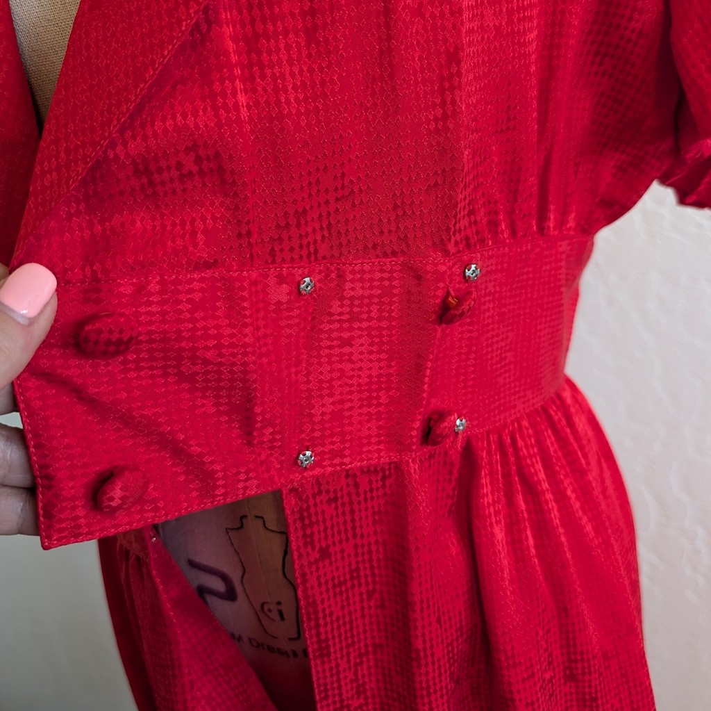 Vintage 80s Red Silk Dress Wrap Bodice Puff Sleeve Midi Cummerbund Waist