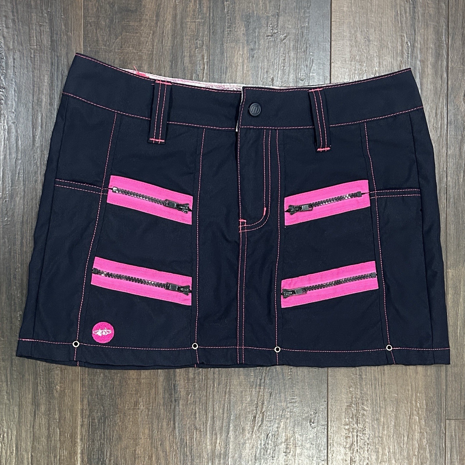 Vtg Y2K MacGirl MacGear Rave Mini Skirt Blue Pink Contrast Stitch Zip Cyber MD