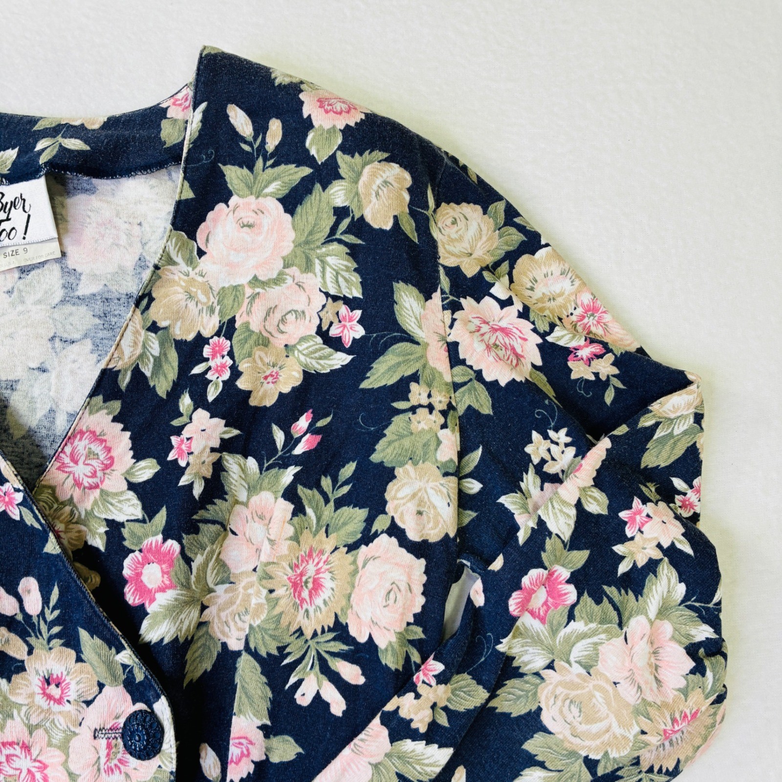 Vintage Byer Too Floral Cropped Jacket Navy Blue Pink 90s Made in USA Size 9