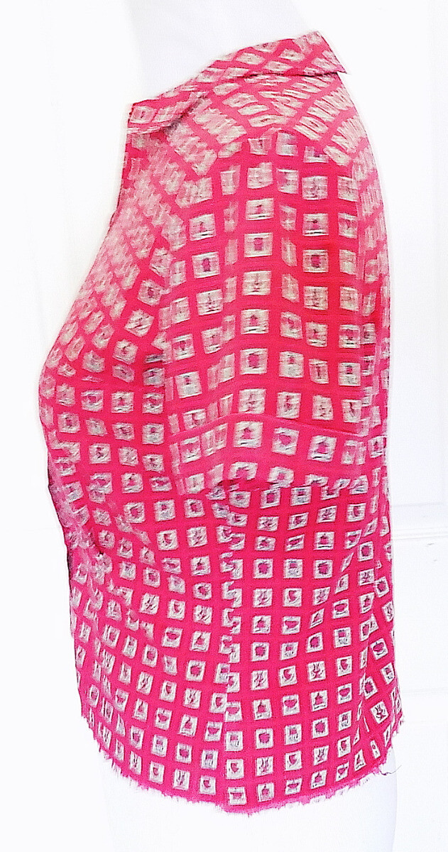 Vintage Red Gray Block Print Blouse Short Sleeved B38