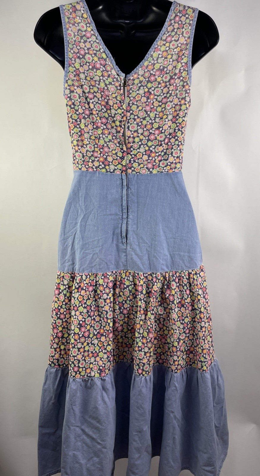 Vtg Prairie Cottagecore Chambray Calico Dress Size XS Cotton
