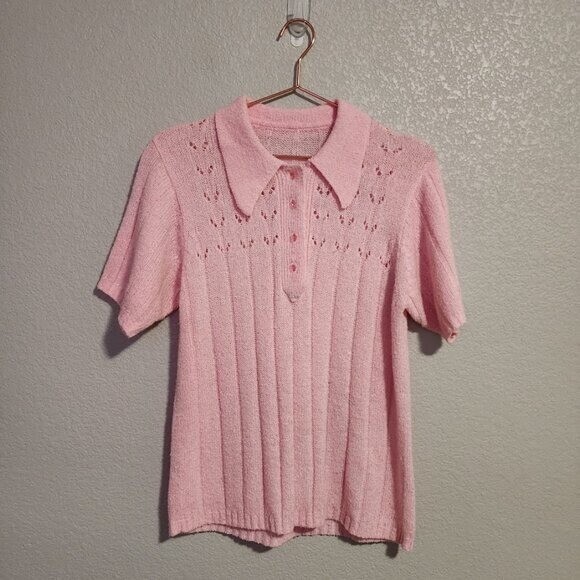 VINTAGE 70’s bubblegum pink acrylic knit pointed collar short sleeve sweater top