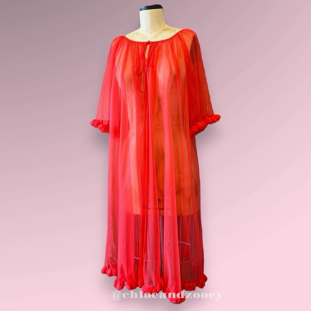 60s Sheer Red Boudoir Beauty Vintage Valentine Robe Pinup Bombshell Burlesque