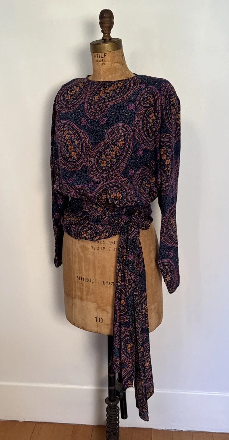 Vintage Silk Paisley Waist Sash Secretary Blouse Boho Luxury Dark Romantic S