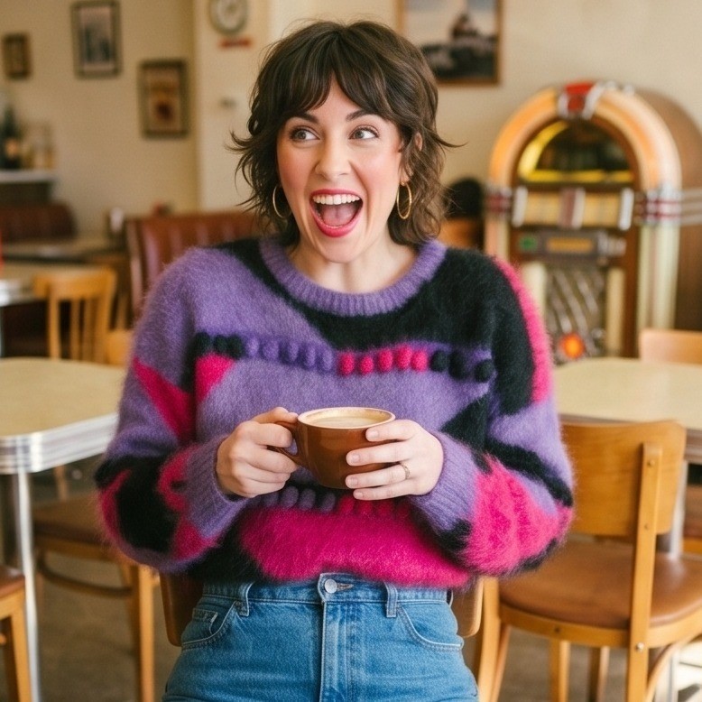Vintage 80s L Angora Lambswool Abstract Colorblock Fuzzy Sweater Purple Pink