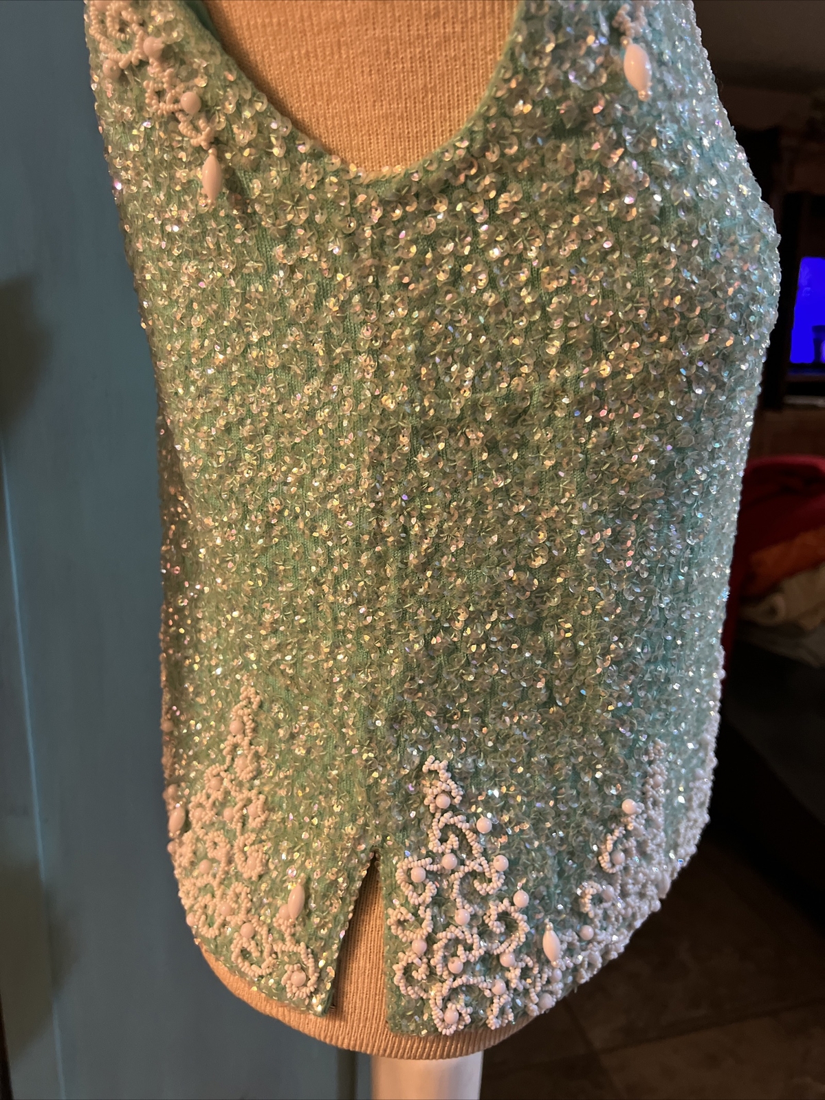 Vintage House of Gold Wool Heavily Blue Beaded Sequin Shirt Lined Zip Size 36