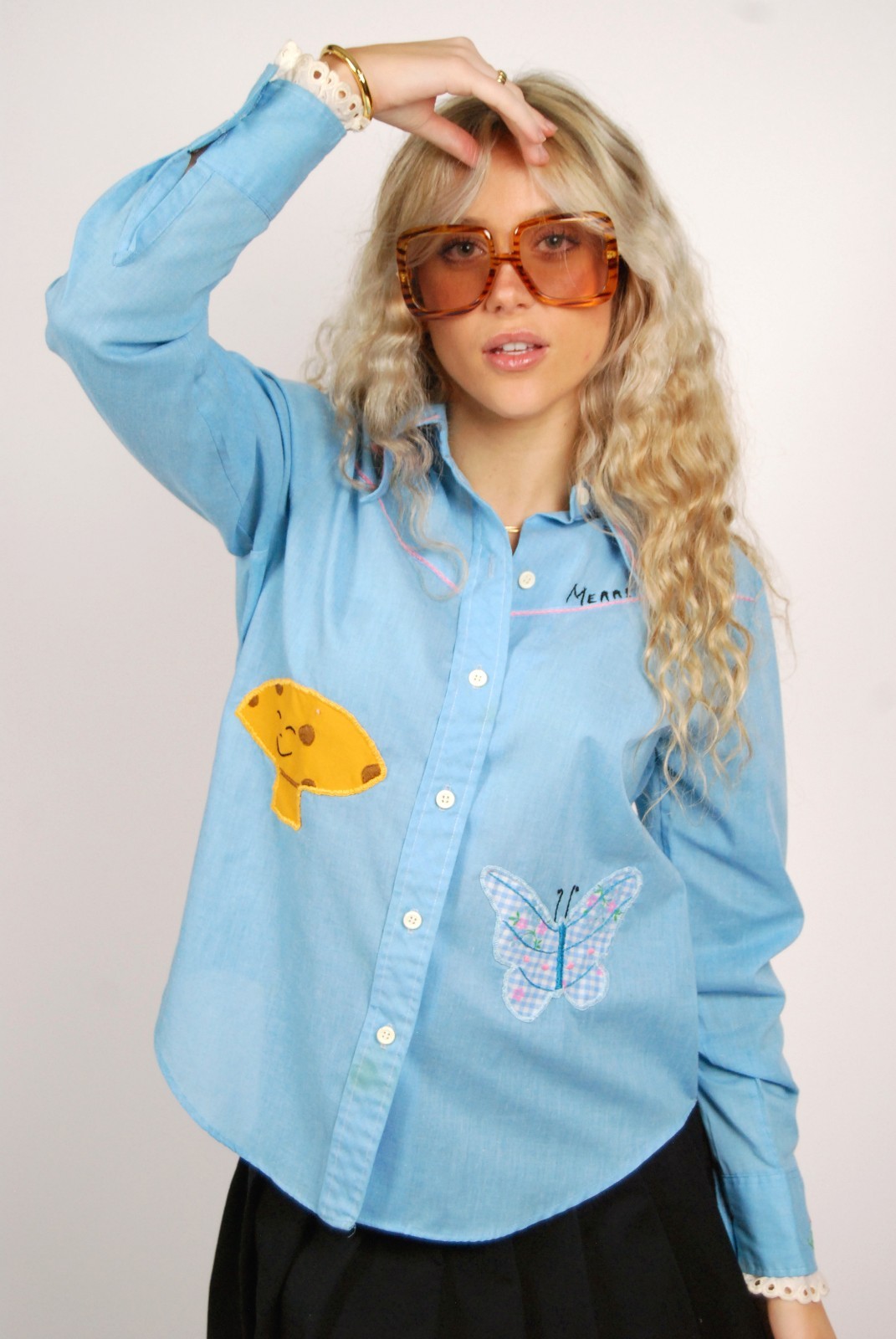 70s Patchwork Nature Button Up (S) small blue vintage embroidered western boho