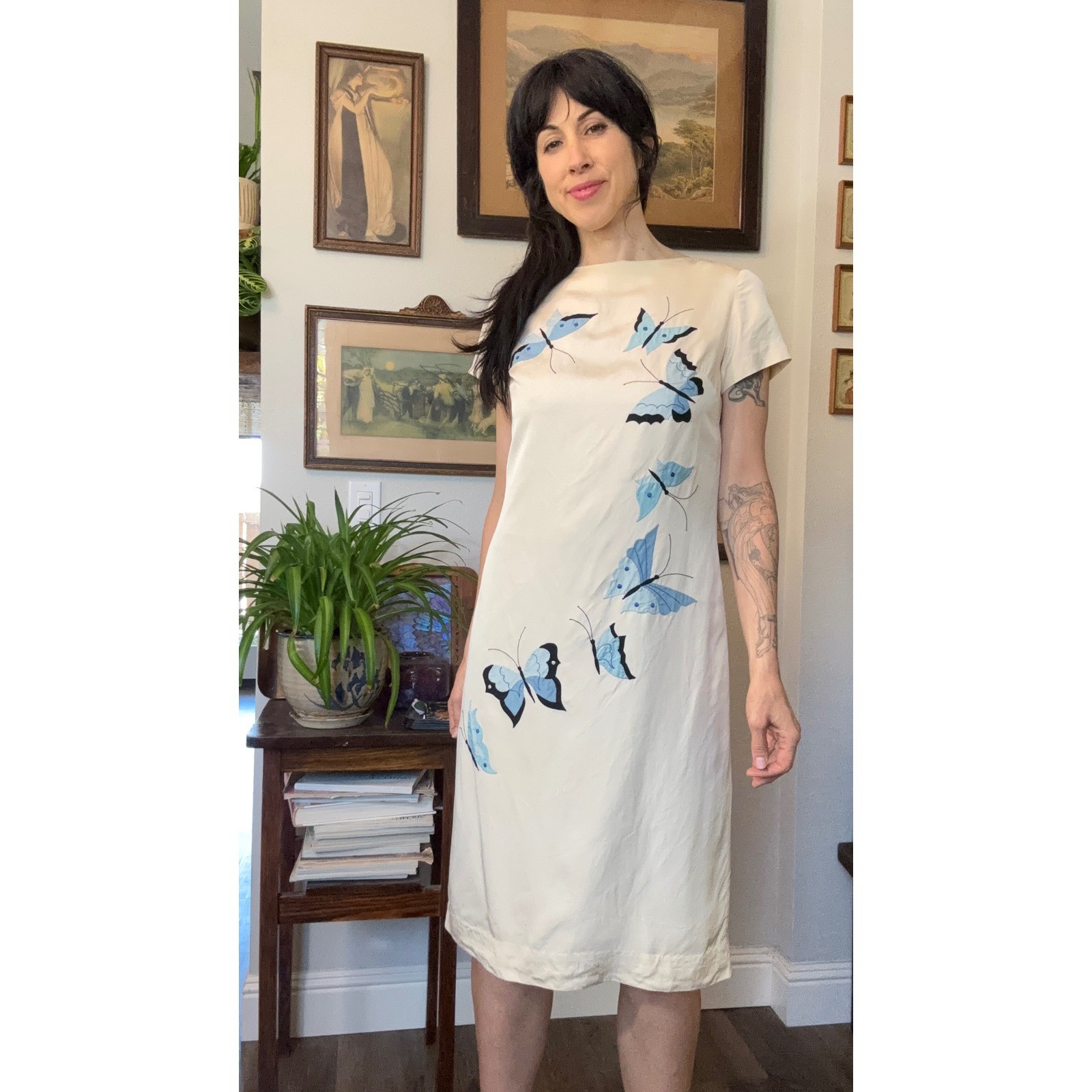 Vintage 60s Phyllis De Trano Cream Butterfly Applique embroidered shift Dress