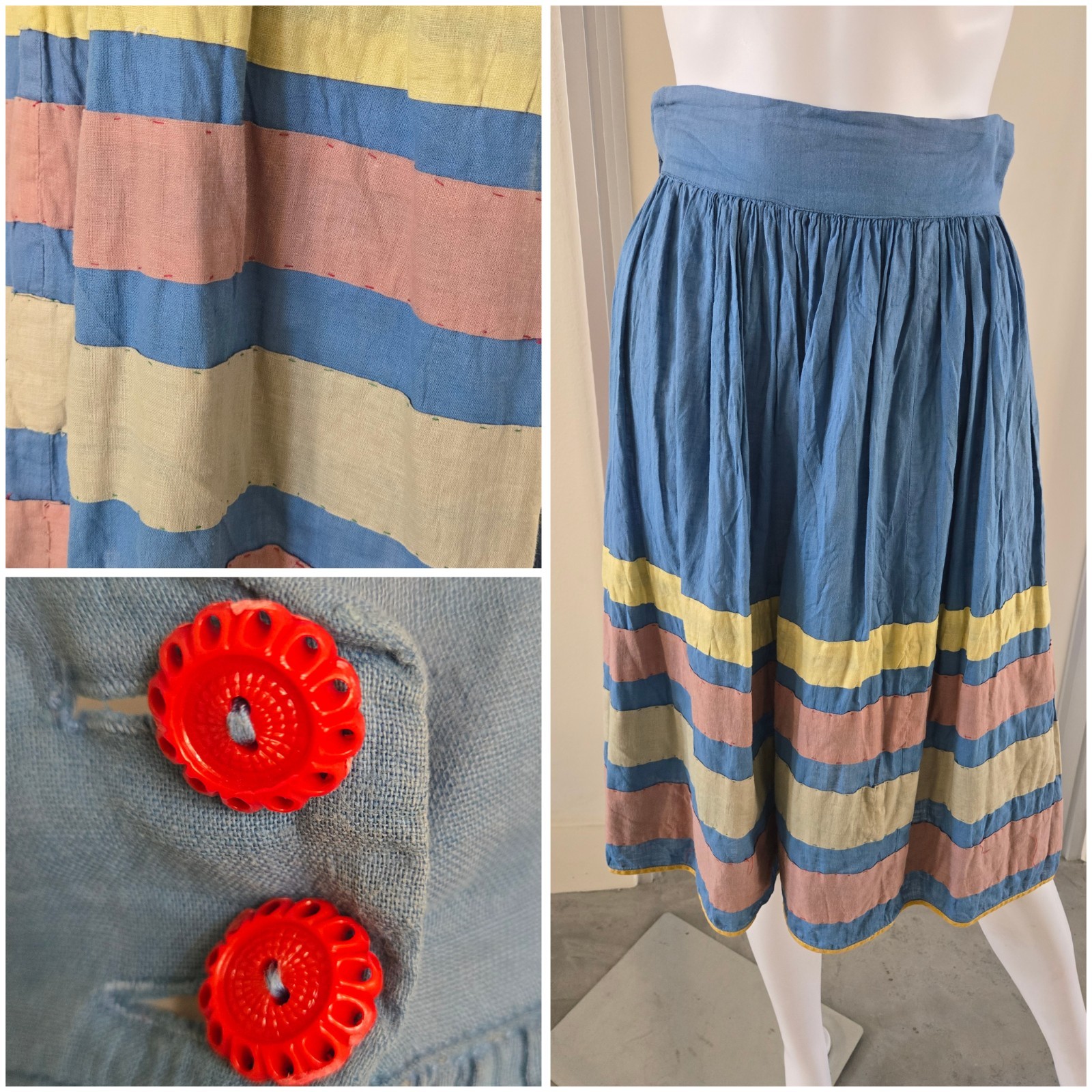 VTG 30s 40s Cotton Full Circle Skirt Deco Faded Cottagecore Stripes Swing Cute