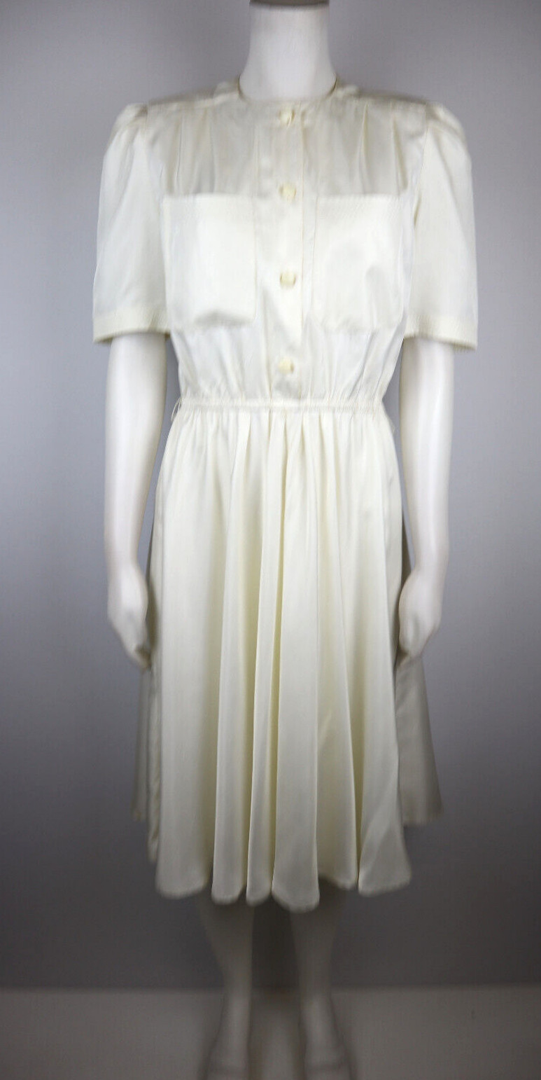 Leslie Fay Vintage Women’s Shirt Dress Size 8P Ivory White Short Sleeve A-Line