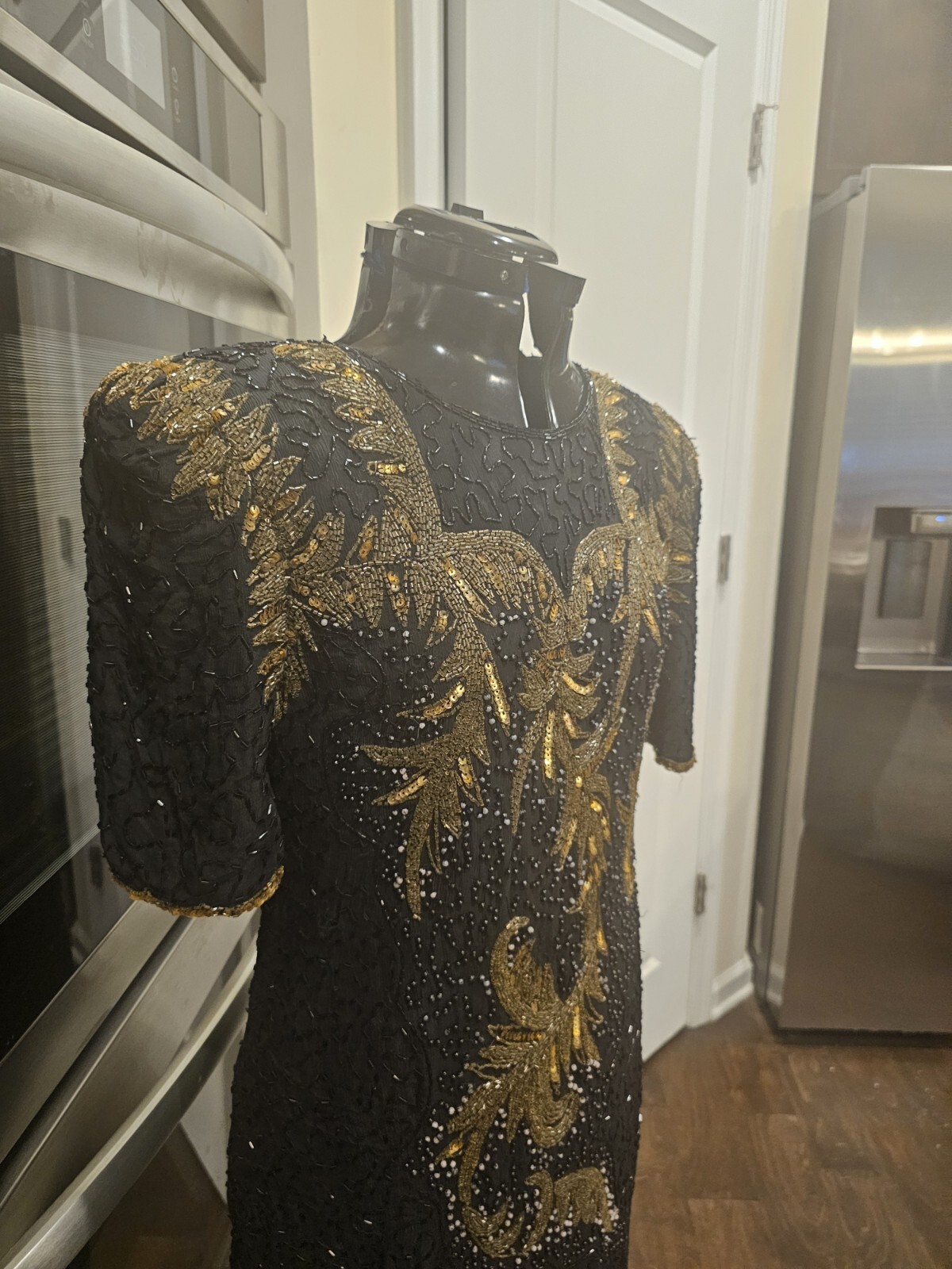 Vintage Black And Gold Beaded Interlude Sequin Cocktail Silk Cocktail Dress…