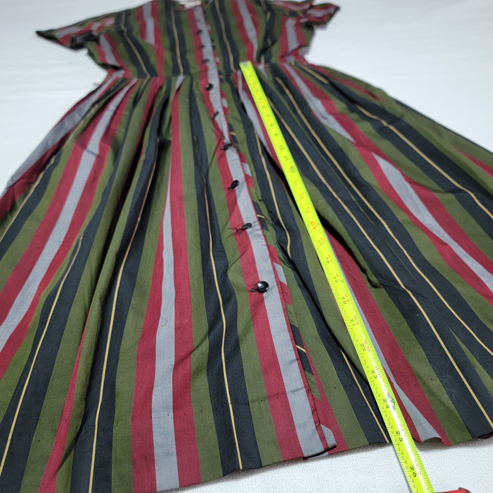 Vintage Bobbie Brooks 60s Striped Day Dress Red Black Green Grey Women Size S/6
