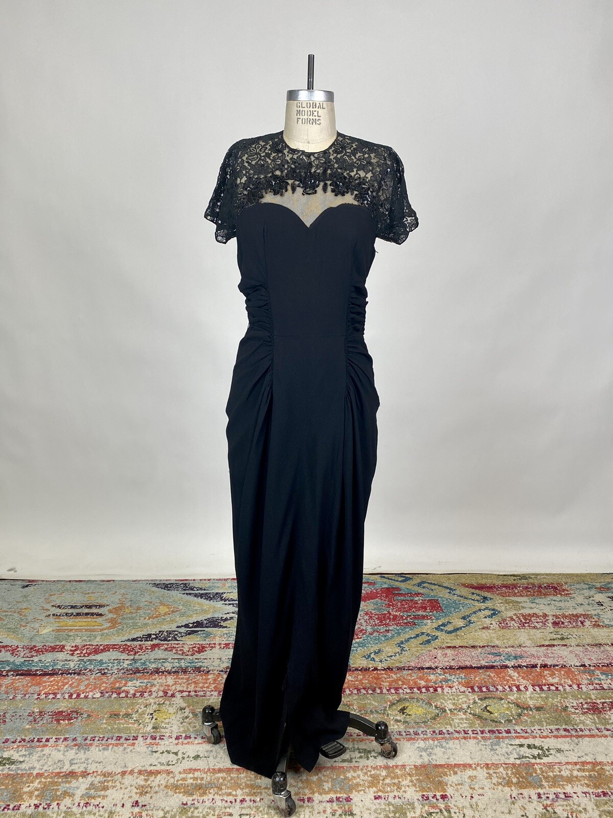 Antique Vintage 1930s Black Rayon Beaded Dress Lace Bodice Rouched Waist AS IS