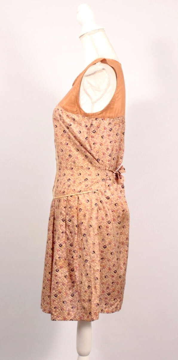 VTG Women’s 20s Tan & Peach Silk Drop Waist Dress W/ Floral Print 1920s Sz S/M